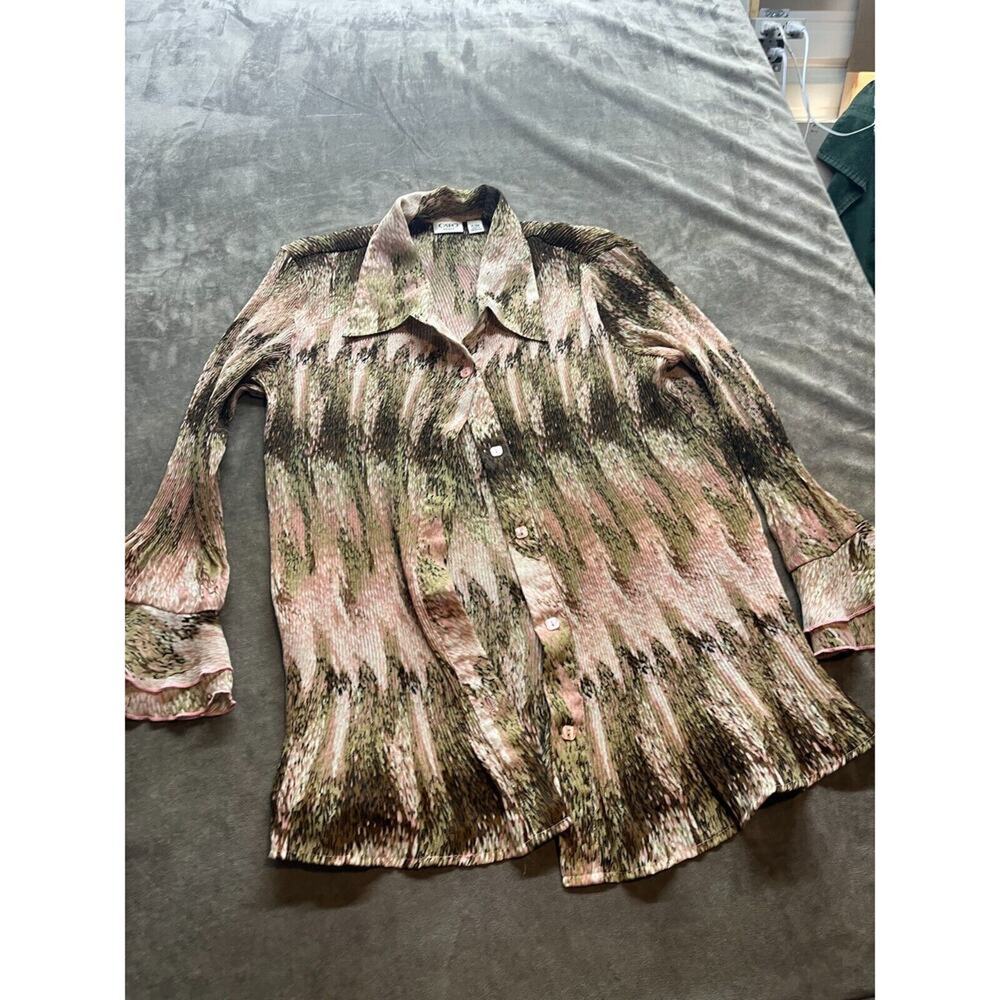 Cato‎ Woman Blouse 14/16 Ruffled Long Sleeve Button Pink Green Shirt Fairy Boho